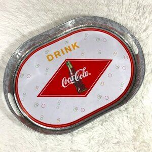 NWOT Coca-Cola Oval Silver Metallic 'Drink' Red Diamond Coke Bottle Tin Tray